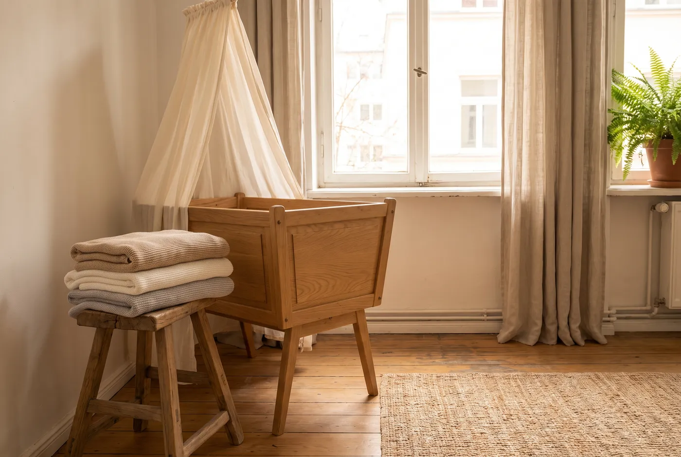 A quiet Munich apartment nursery corner with a bassinet and folded baby blankets, no people or readable text visible