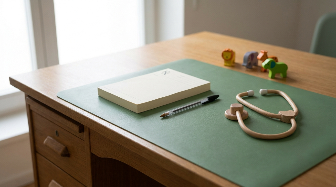 A pediatric doctor's office desk with a blank prescription pad and pen