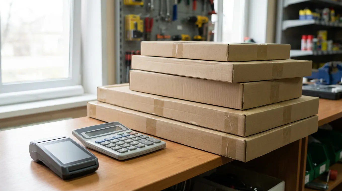 Flat-pack kitchen cabinet boxes stacked beside a calculator and a payment terminal on a store counter