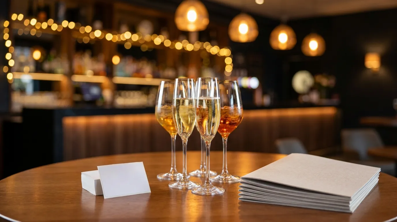 An empty modern networking-event reception table in warm evening lighting, with blank name-tag cards, a few welcome-drink glasses, and a stack of blank event programs, a bar visible softly out of focus in the background