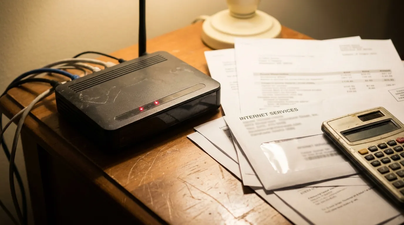 A router with a red error light next to an internet bill and a calculator on a desk
