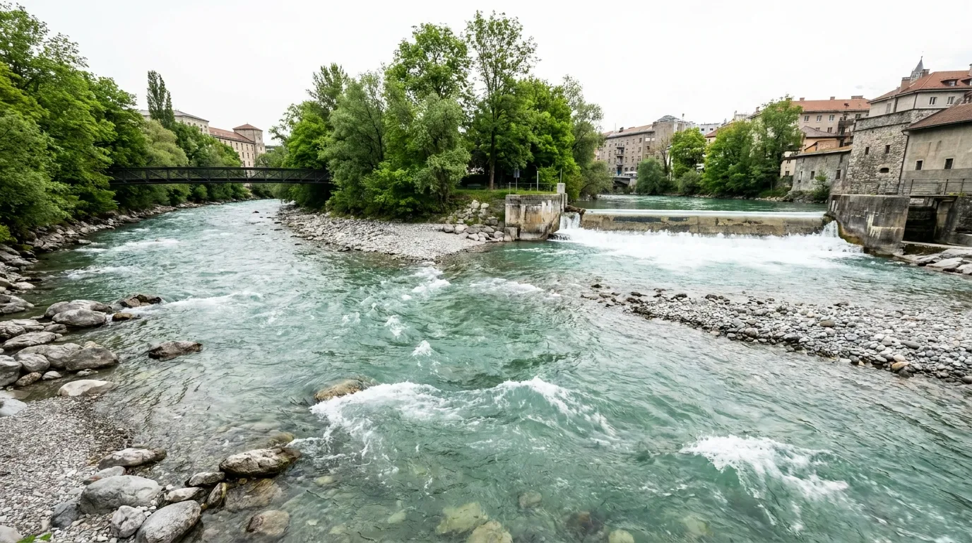 A fast-flowing alpine river with clear turquoise-green water rushing over gravel banks and rounded stones, a low weir visible in the middle distance with the water churning white below it, no people in the water