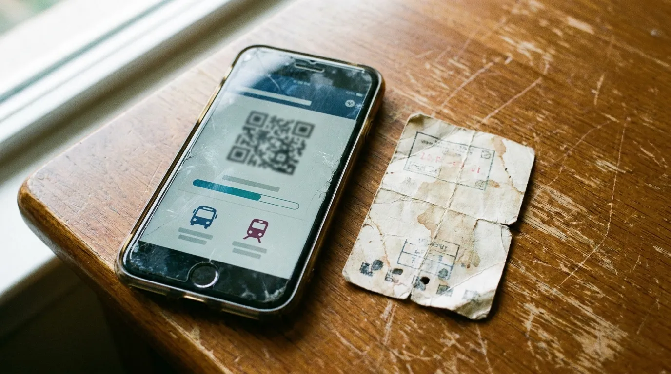 A smartphone showing a transit subscription app next to an old paper monthly transit card