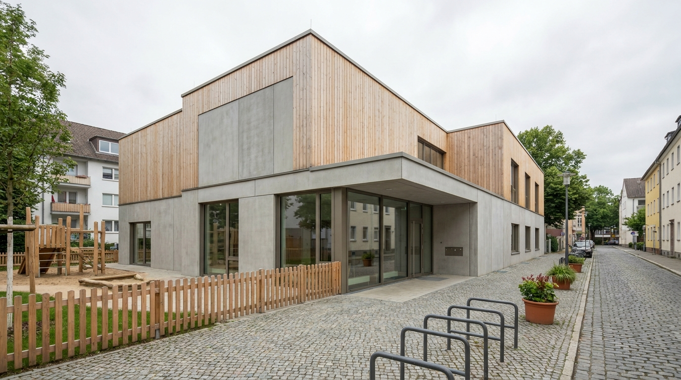 A modern daycare building entrance in Munich with a small fenced outdoor play area visible beside it, no children or logos shown