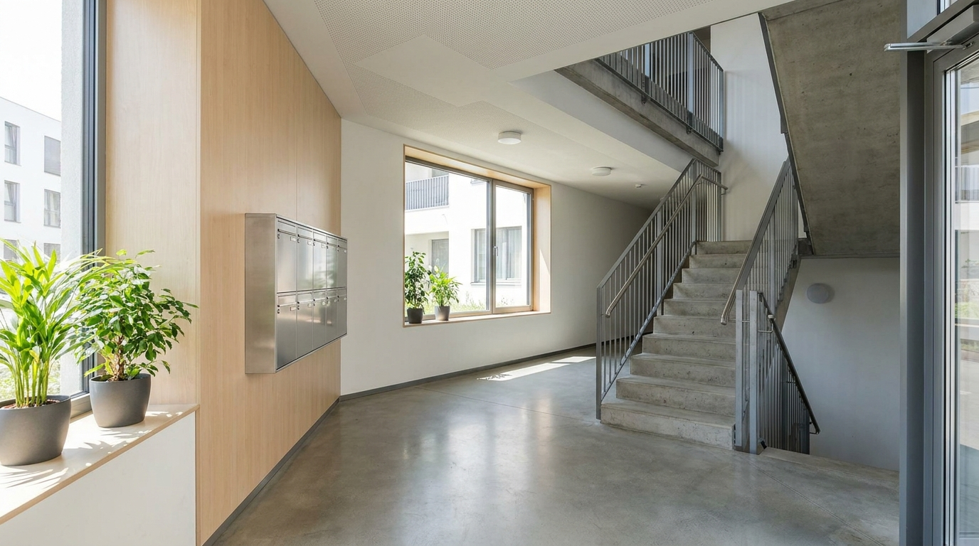 A modern apartment building's shared entrance hall and stairwell in Munich, with a mailbox panel visible, no people shown