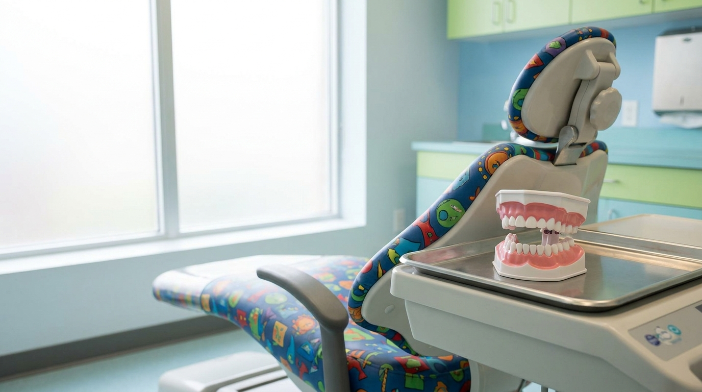 A pediatric dental office exam chair with a dental model of teeth on a nearby tray