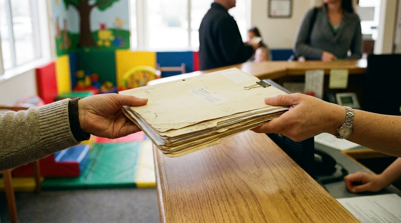 A manila folder of medical records being handed across a reception desk at a pediatric practice
