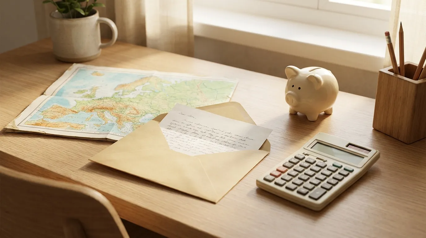 A home desk with a folded paper map of Europe, an open envelope with a letter, a calculator, and a small piggy bank