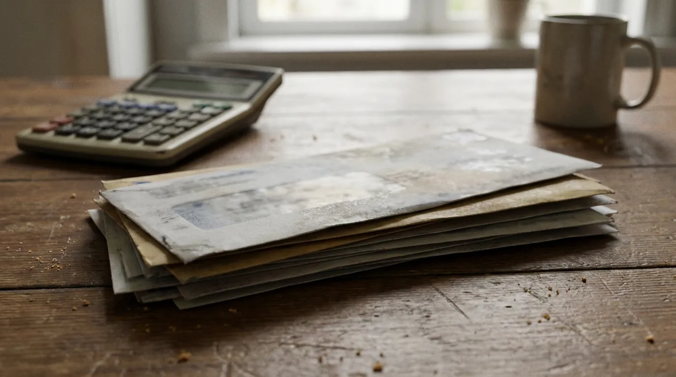 A stack of official-looking envelopes and a calculator resting on a kitchen table, no readable text visible