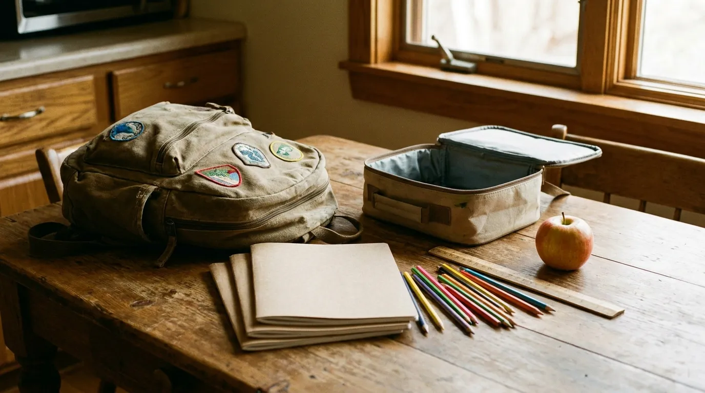 A backpack, a lunch box, and a stack of school supplies on a kitchen table