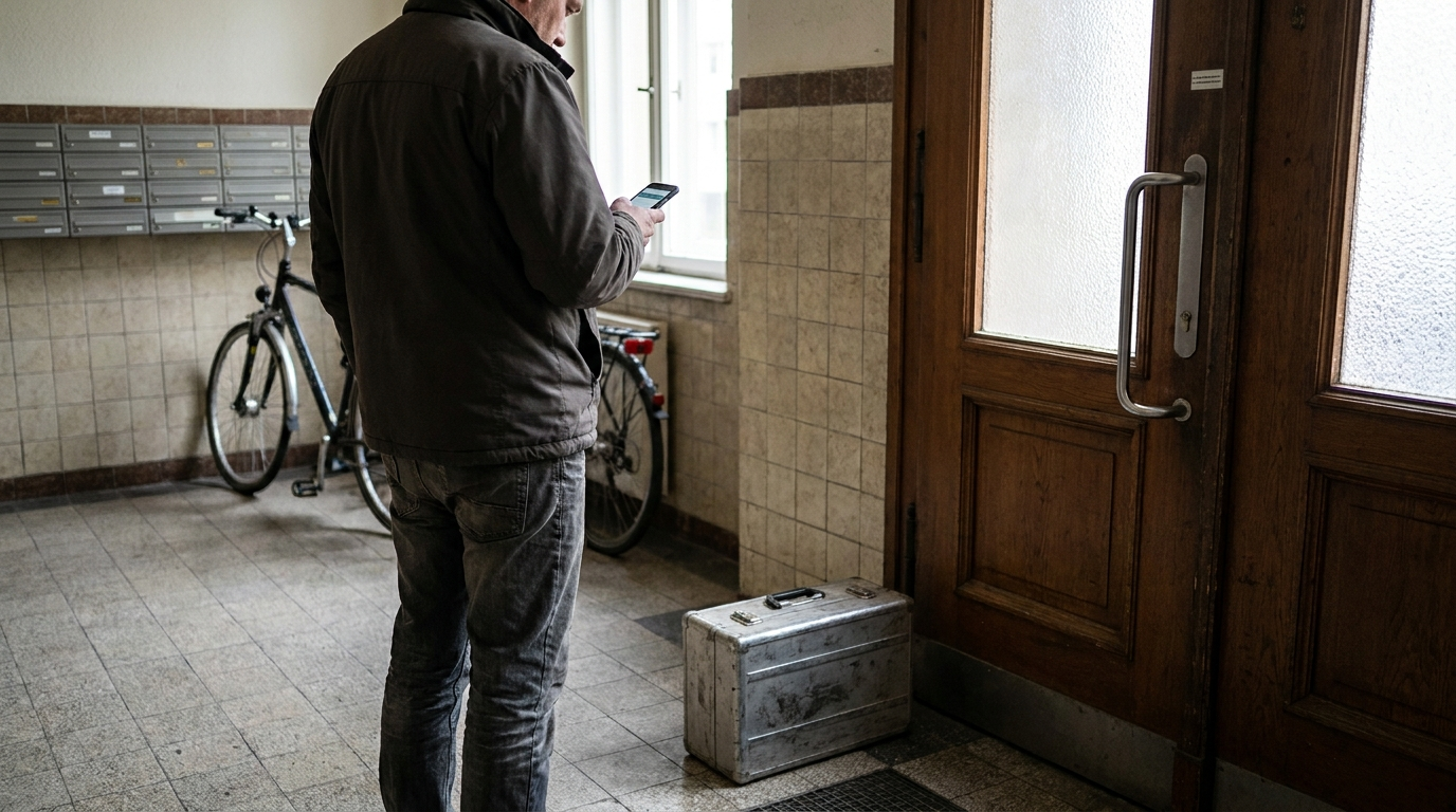 A tenant checking their phone while waiting near an apartment door with a toolbox left unopened nearby