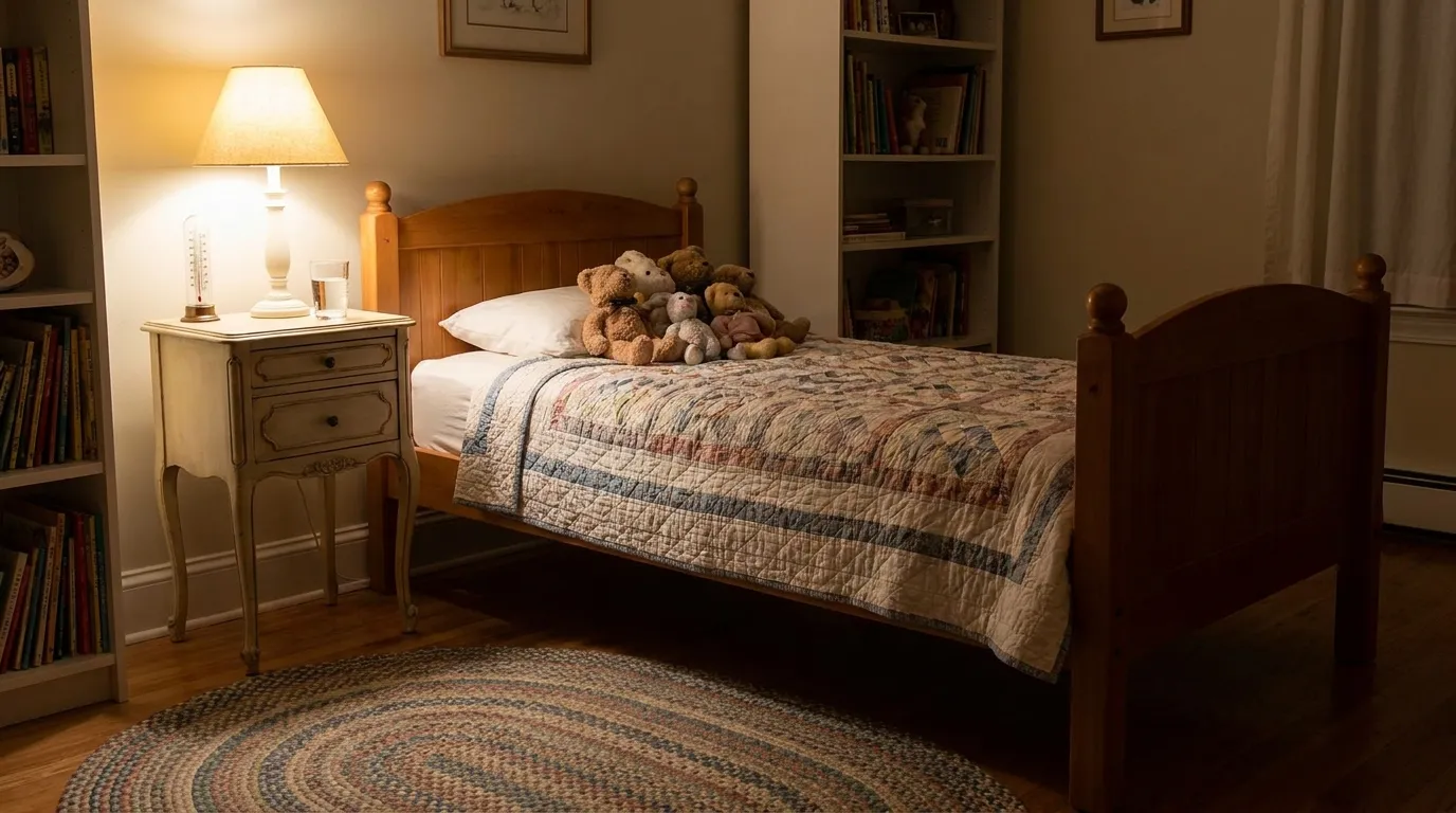 A child's empty bed with a thermometer and a glass of water on the nightstand, no children present