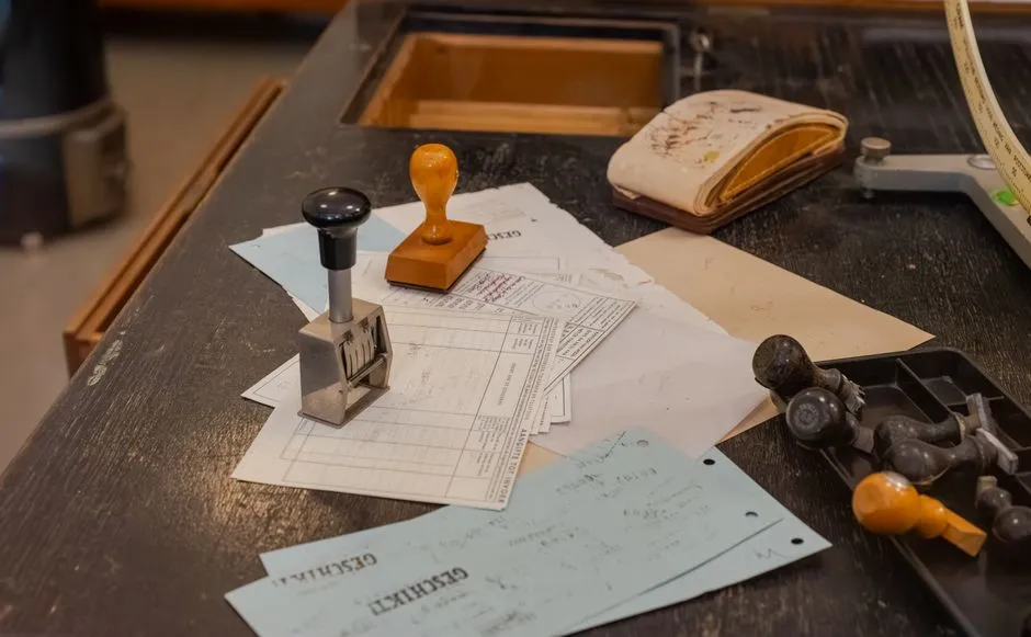 A wooden office desk with rubber stamps, a date-numbering stamp, and stacks of official German paper forms