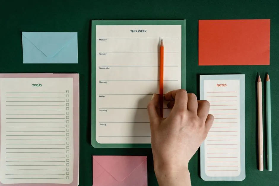A hand holding a pencil over a weekly planner page, with colorful envelopes and notepads arranged on a desk