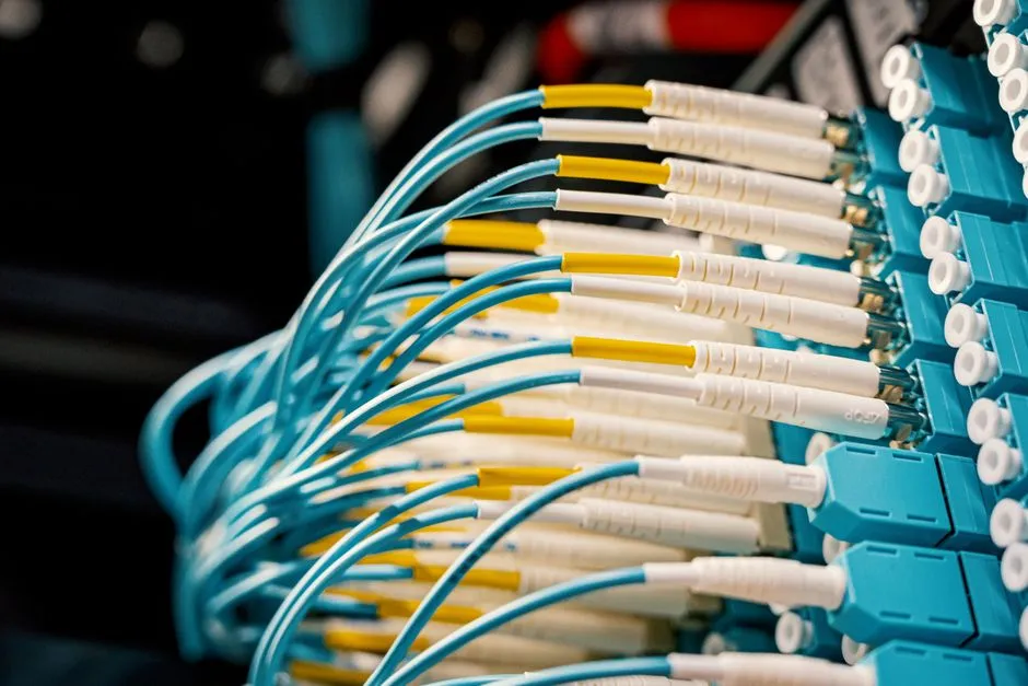 Close-up of blue and yellow fiber optic patch cables plugged into a network distribution panel