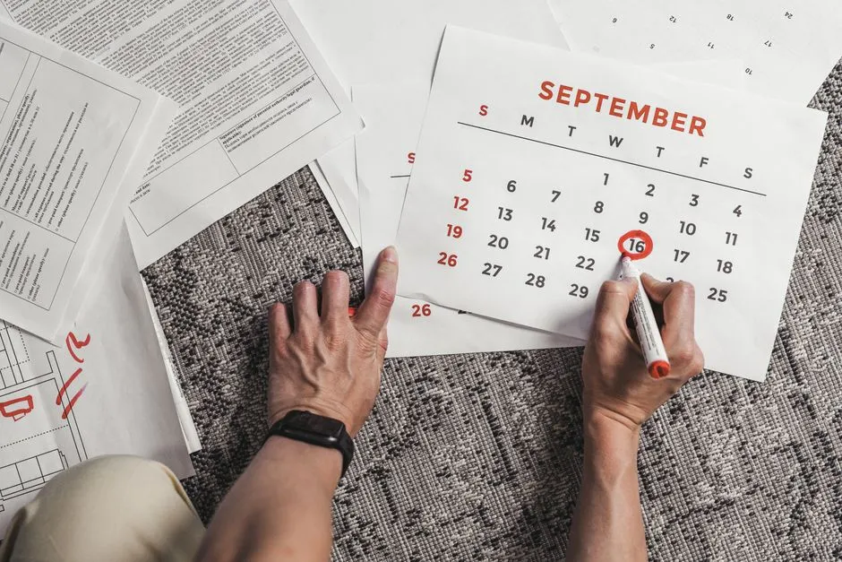 A hand circles a deadline date on a paper calendar with a red marker, surrounded by documents