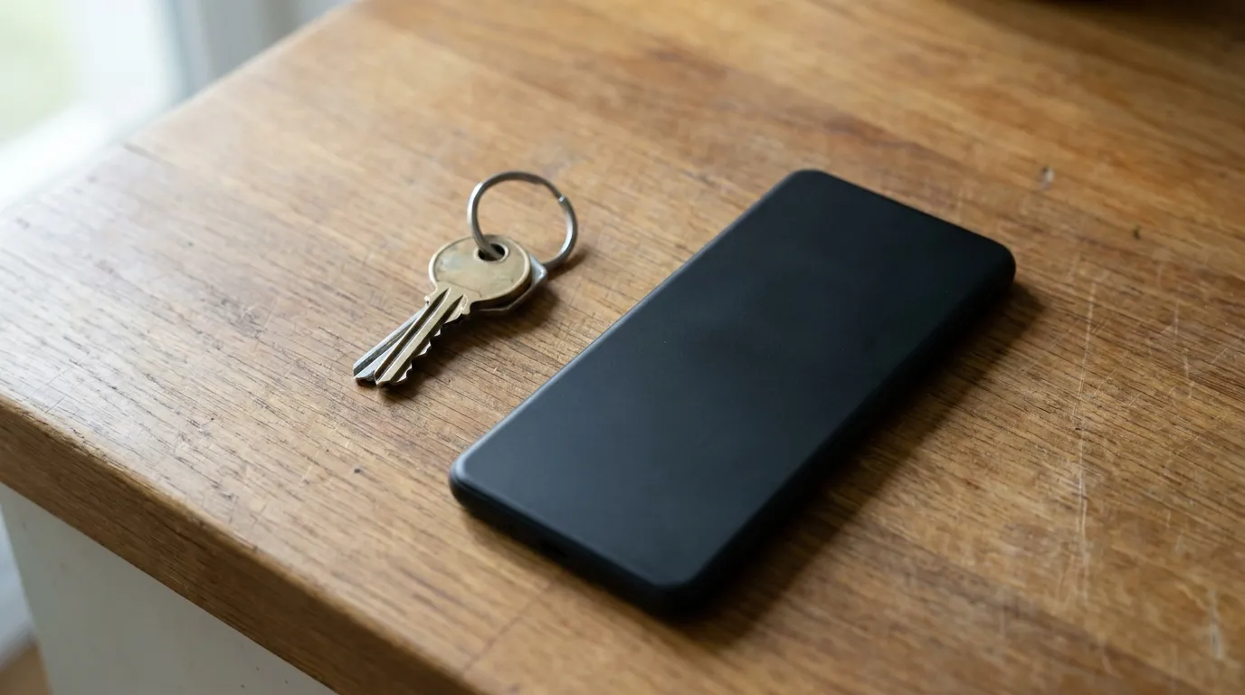 A simple set of house keys and a phone resting on a kitchen counter, no readable text or people visible