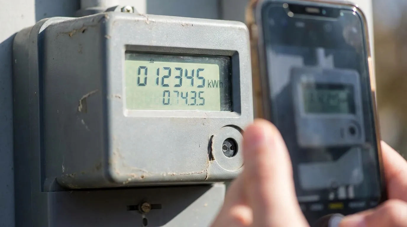 A close-up of a household electricity meter's digital display with a hand holding a smartphone camera nearby, no readable personal data visible
