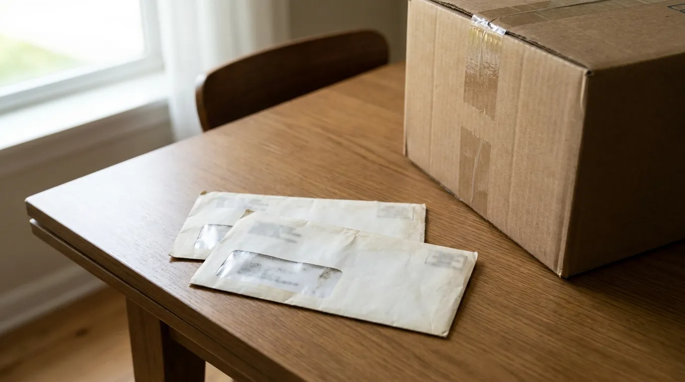 Two utility bills and a moving box resting on a table, no readable personal details visible