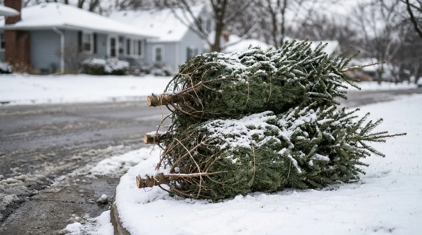 A few bare Christmas trees stacked at an outdoor curbside collection point in a snowy winter street