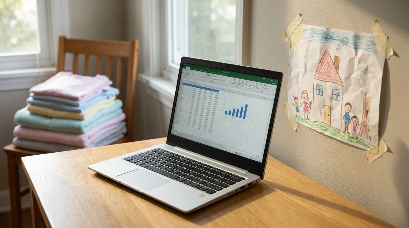 A kitchen counter with a laptop showing a video call, a child's drawing taped nearby, and a small pile of folded laundry on a chair