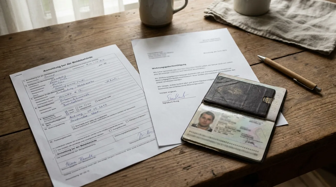 A filled-out German residence registration form, a landlord confirmation letter, and a passport resting on a table with a pen