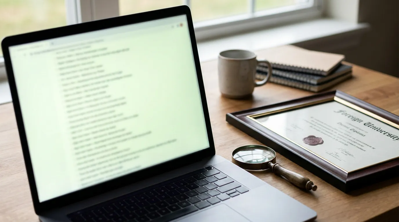 A laptop showing a generic search results list next to a foreign university diploma and a magnifying glass on a desk