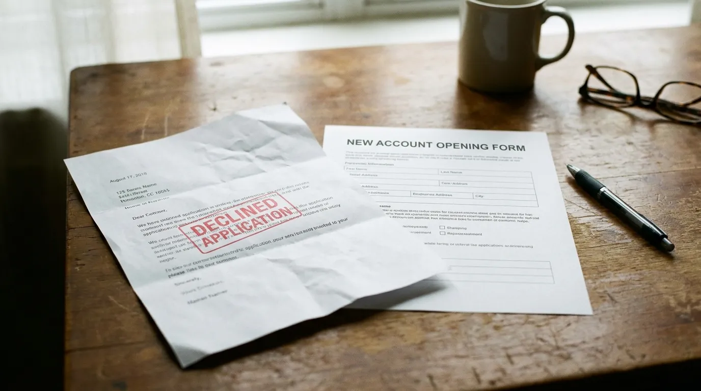 A rejected bank account application letter and a blank account-opening form resting on a desk