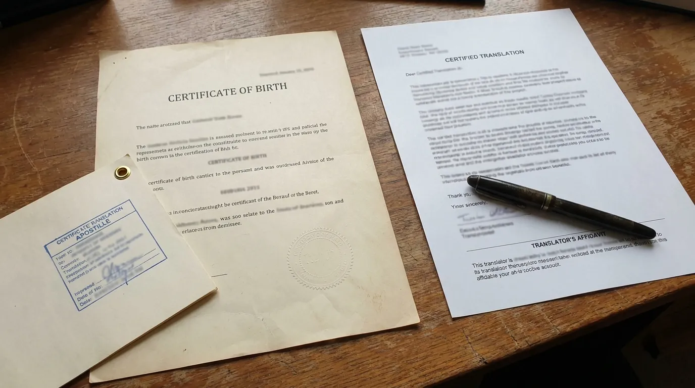 An official birth certificate with an apostille stamp beside a certified translation document