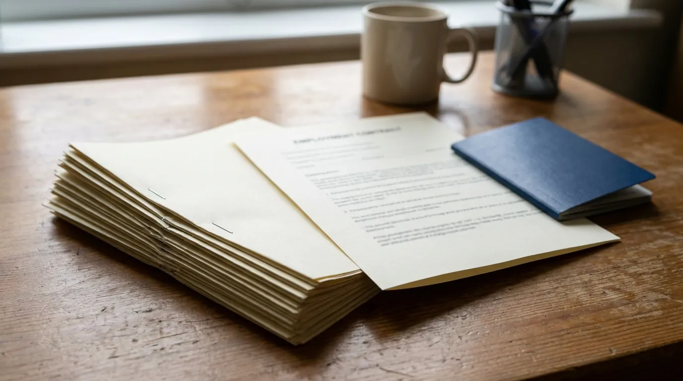 A stack of payslips and an employment contract next to a passport on a desk