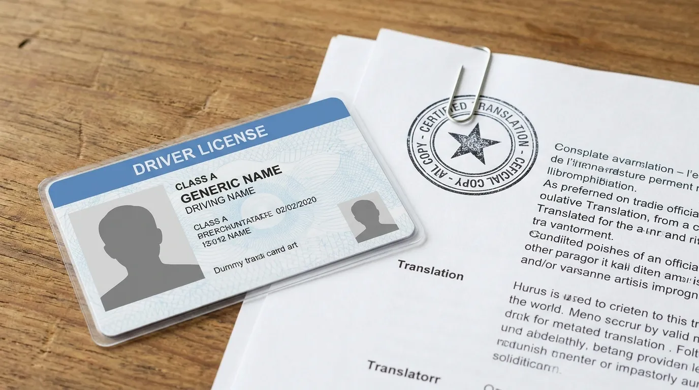 A generic driving license card next to printed translated document pages and a round certification stamp