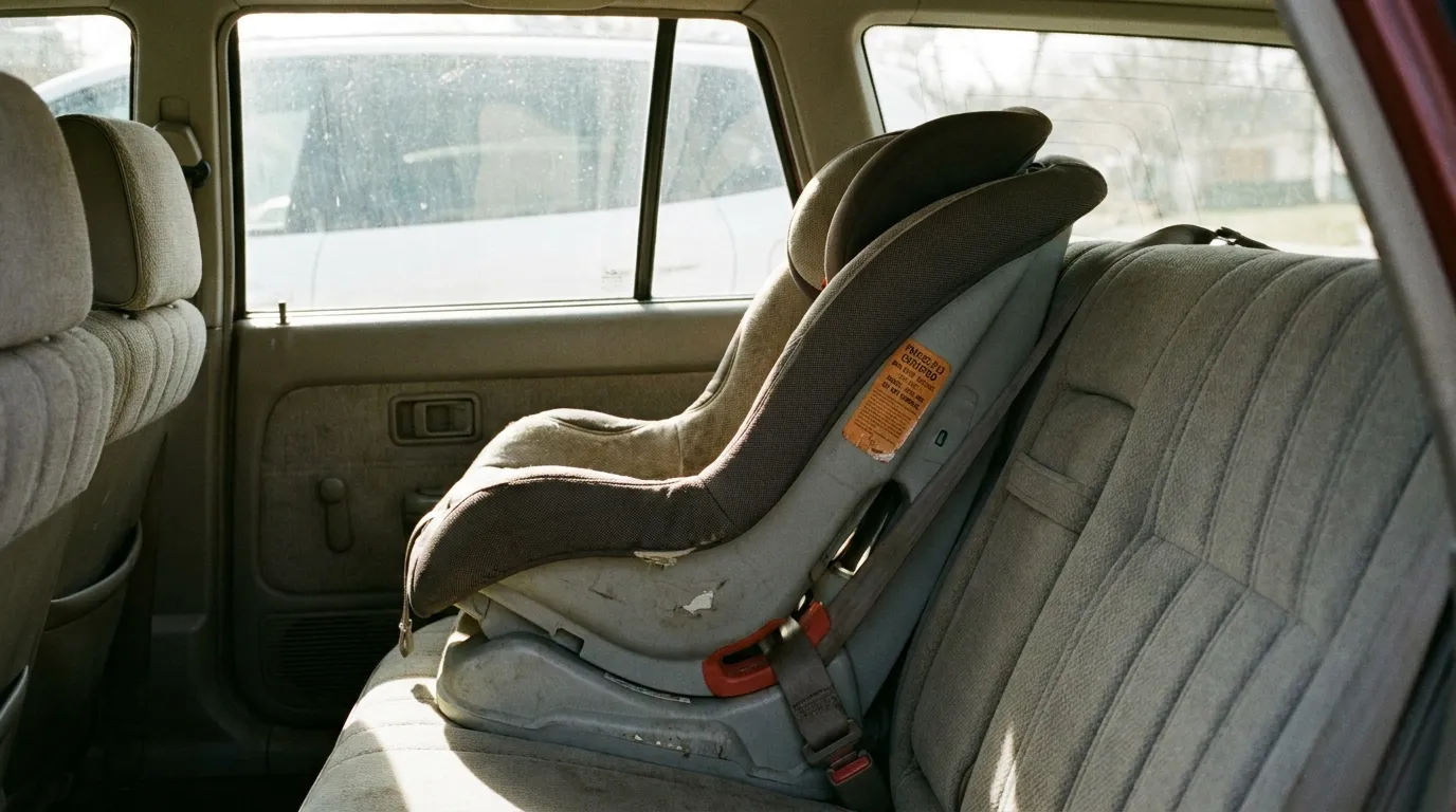 A child car seat installed in the back seat of a car with its certification label visible