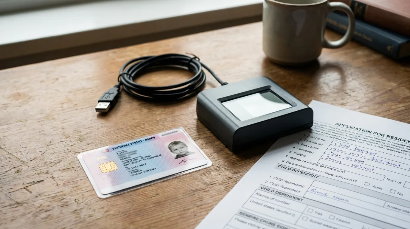 A child-sized residence permit card and application form resting on a desk next to a fingerprint scanner pad