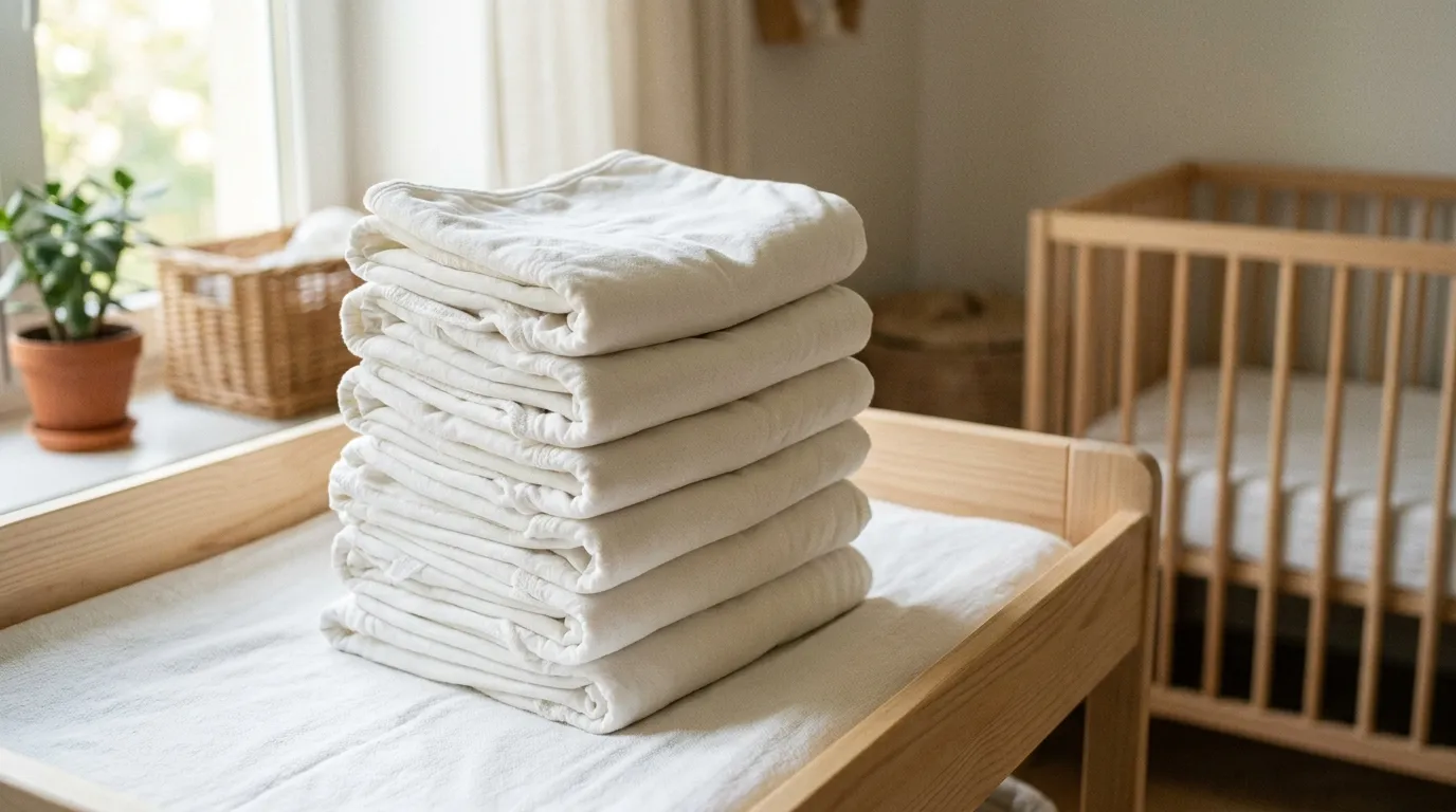 A stack of folded cloth diapers resting on a changing table in a bright nursery, no readable labels or people visible