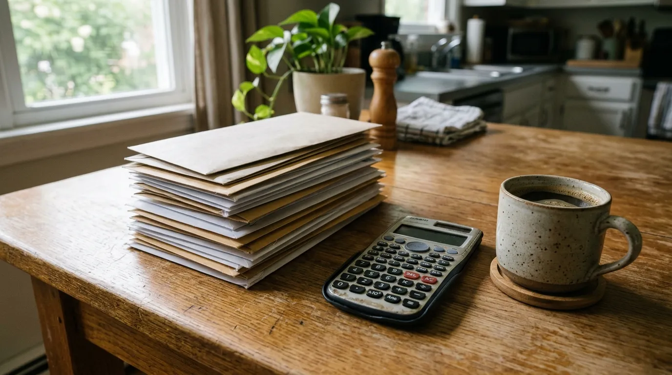 A stack of official-looking envelopes and unopened letters resting on a kitchen table beside a calculator