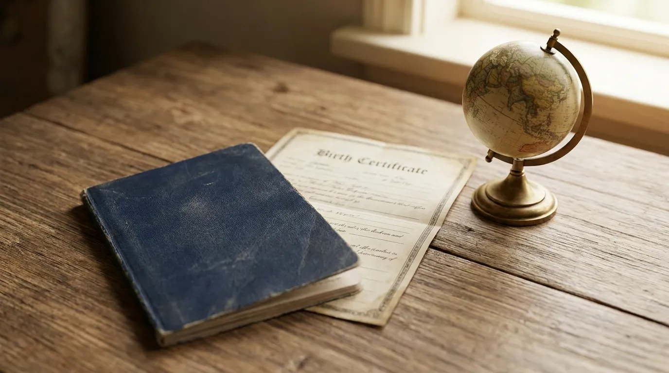 A birth certificate document, a passport, and a small globe resting together on a desk