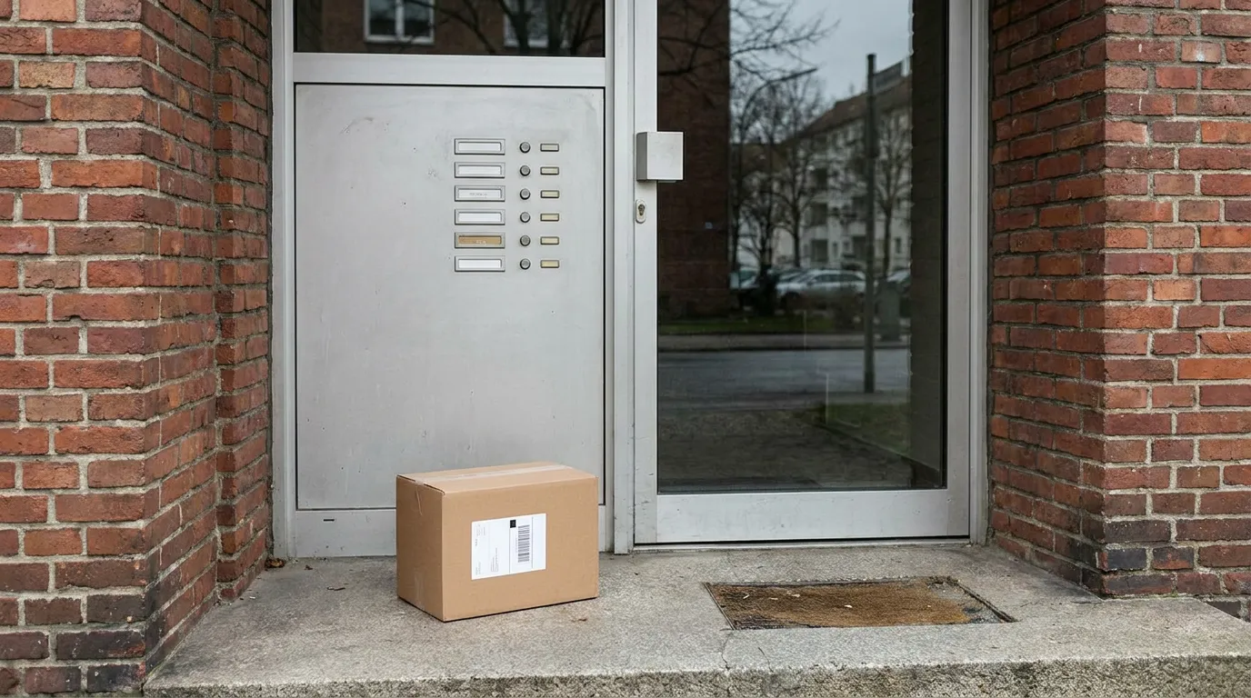 An apartment building entrance with unbranded doorbell buttons and a delivered parcel on the doorstep