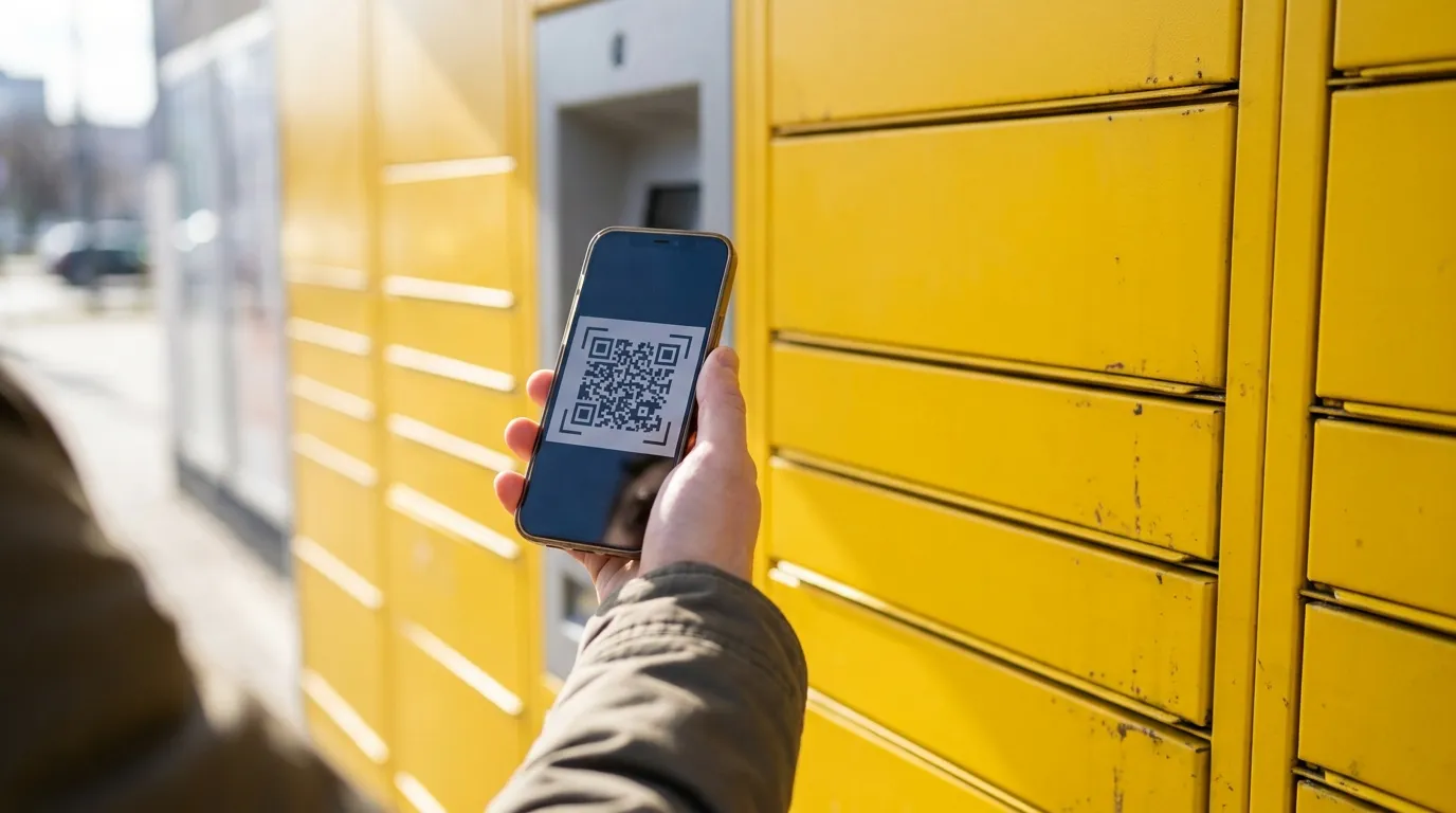 A hand holding a smartphone displaying a QR code in front of a bank of parcel lockers