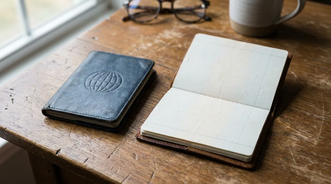 Two passport booklets resting side by side on a desk, one open to a blank visa page
