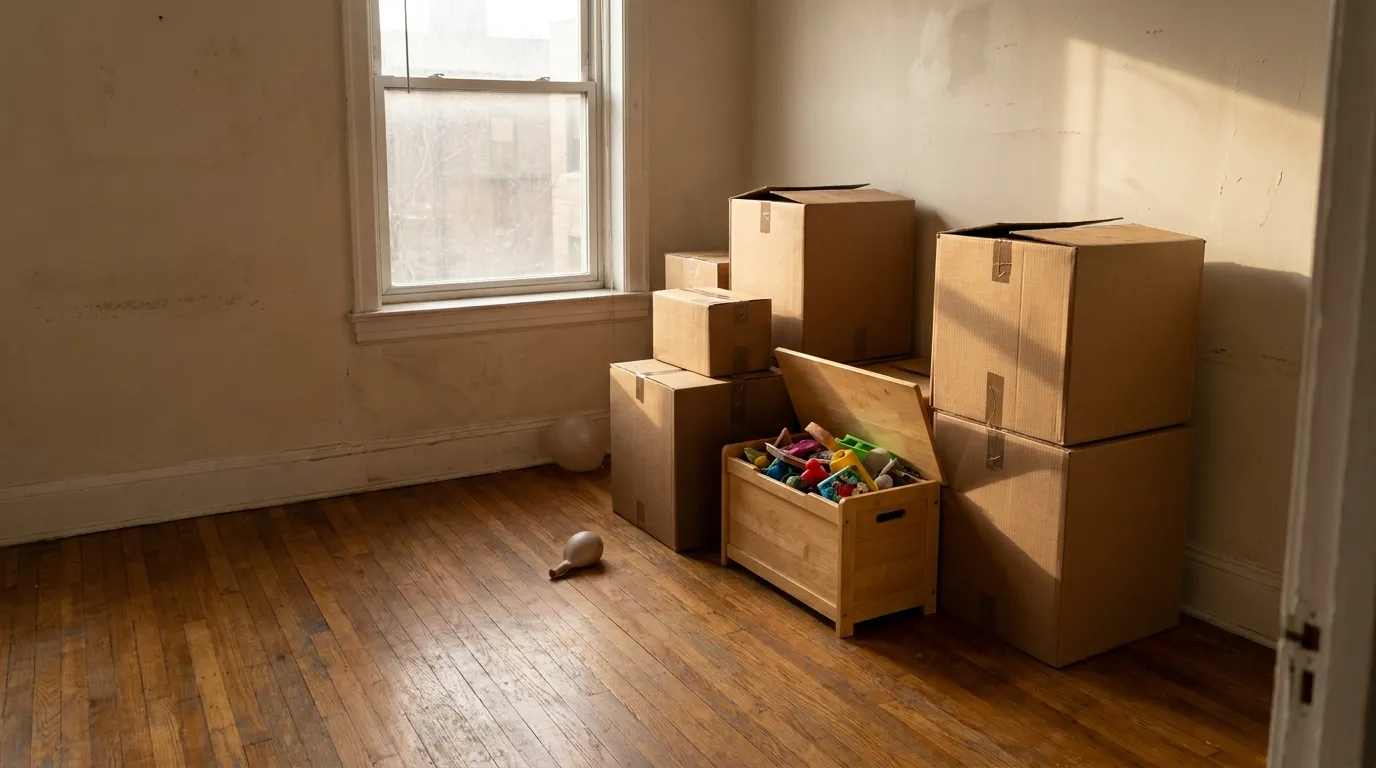 An empty apartment room mid-move with cardboard boxes stacked near a bare wall and sunlight through the window