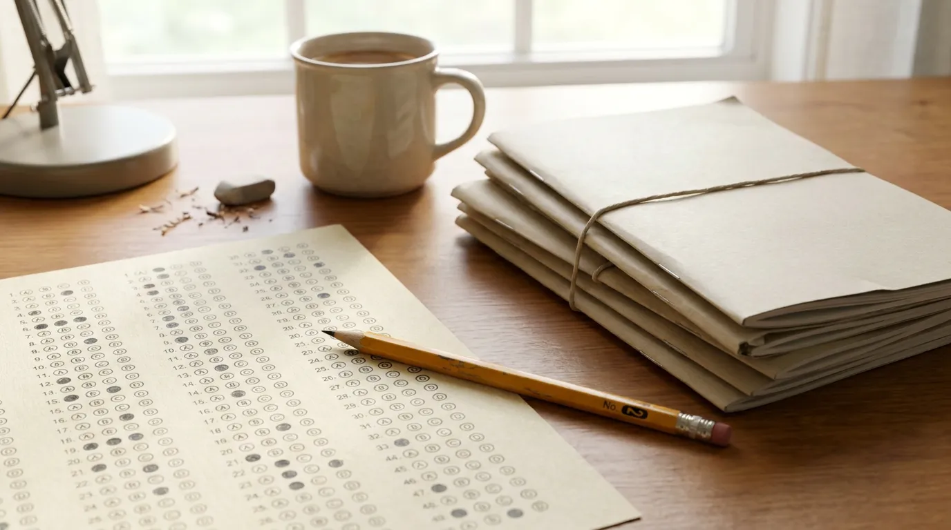 A multiple-choice answer sheet with a sharpened pencil and a stack of practice question booklets