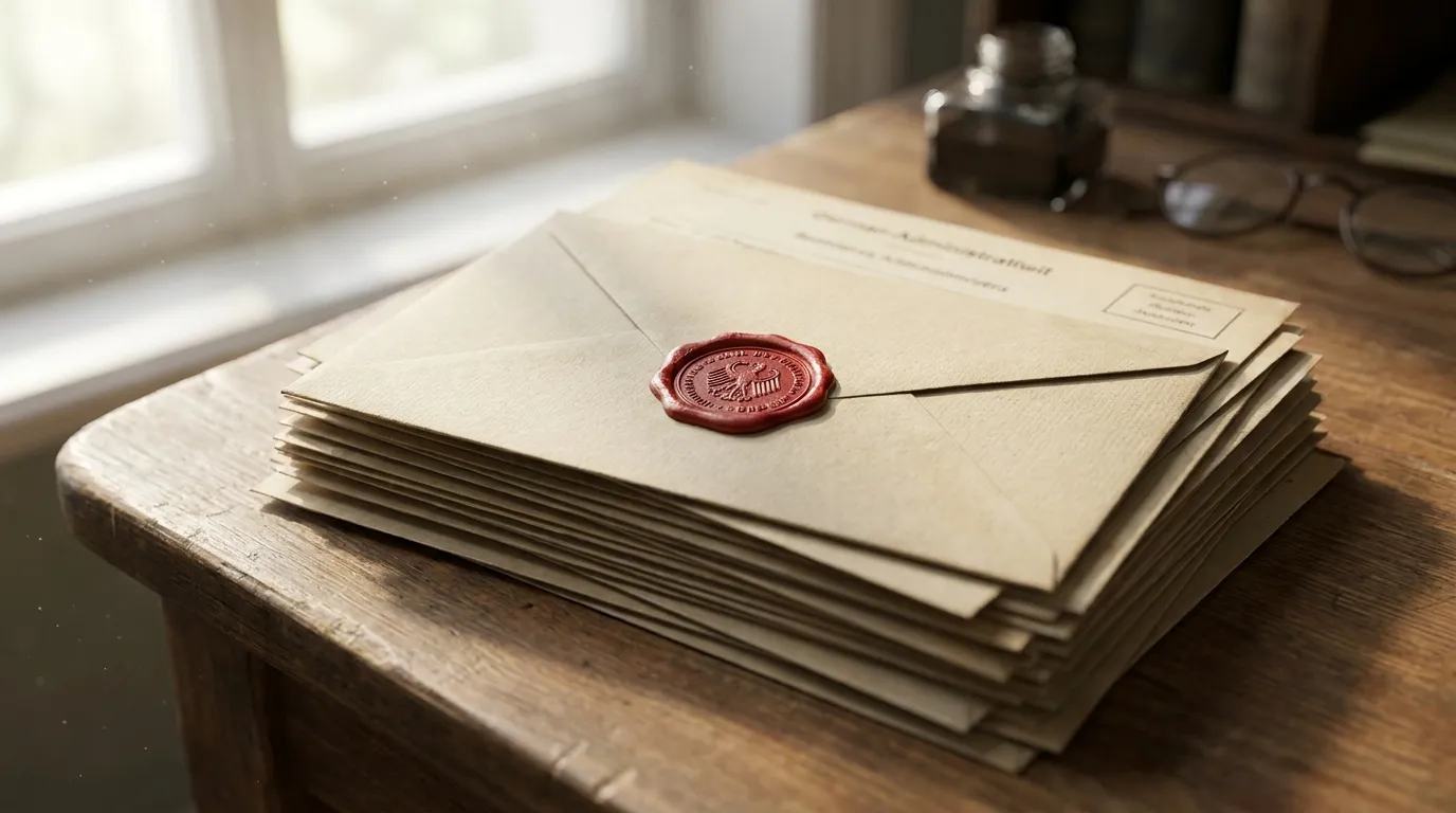 A stack of official German administrative letters and envelopes on a desk