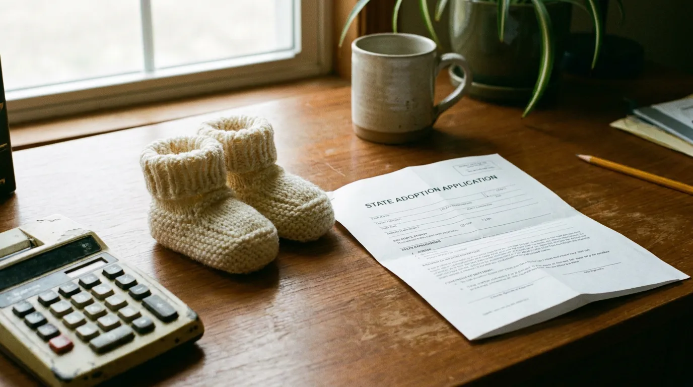 Tiny knitted baby booties resting beside a folded application form and a calculator