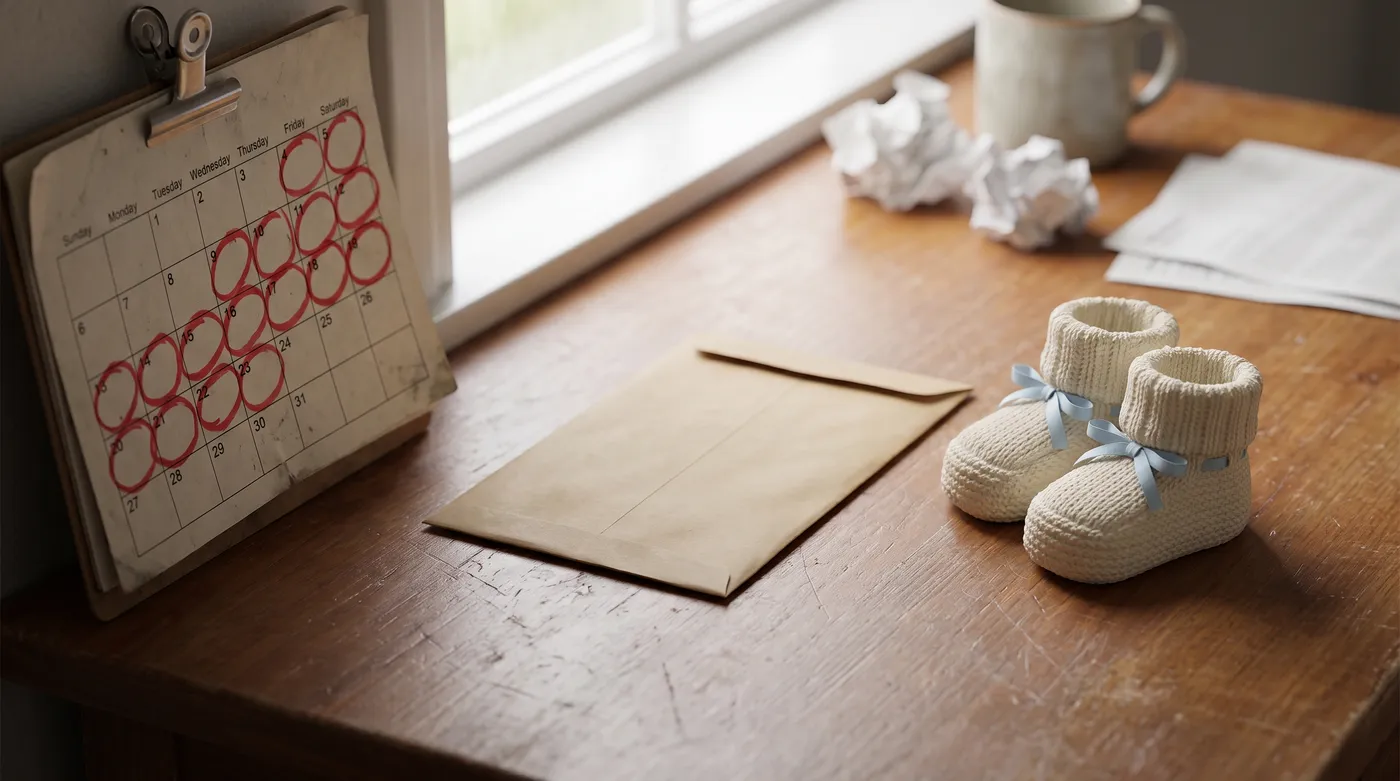A wall calendar with several weeks circled in red, next to a sealed envelope and a small pair of baby shoes on a desk