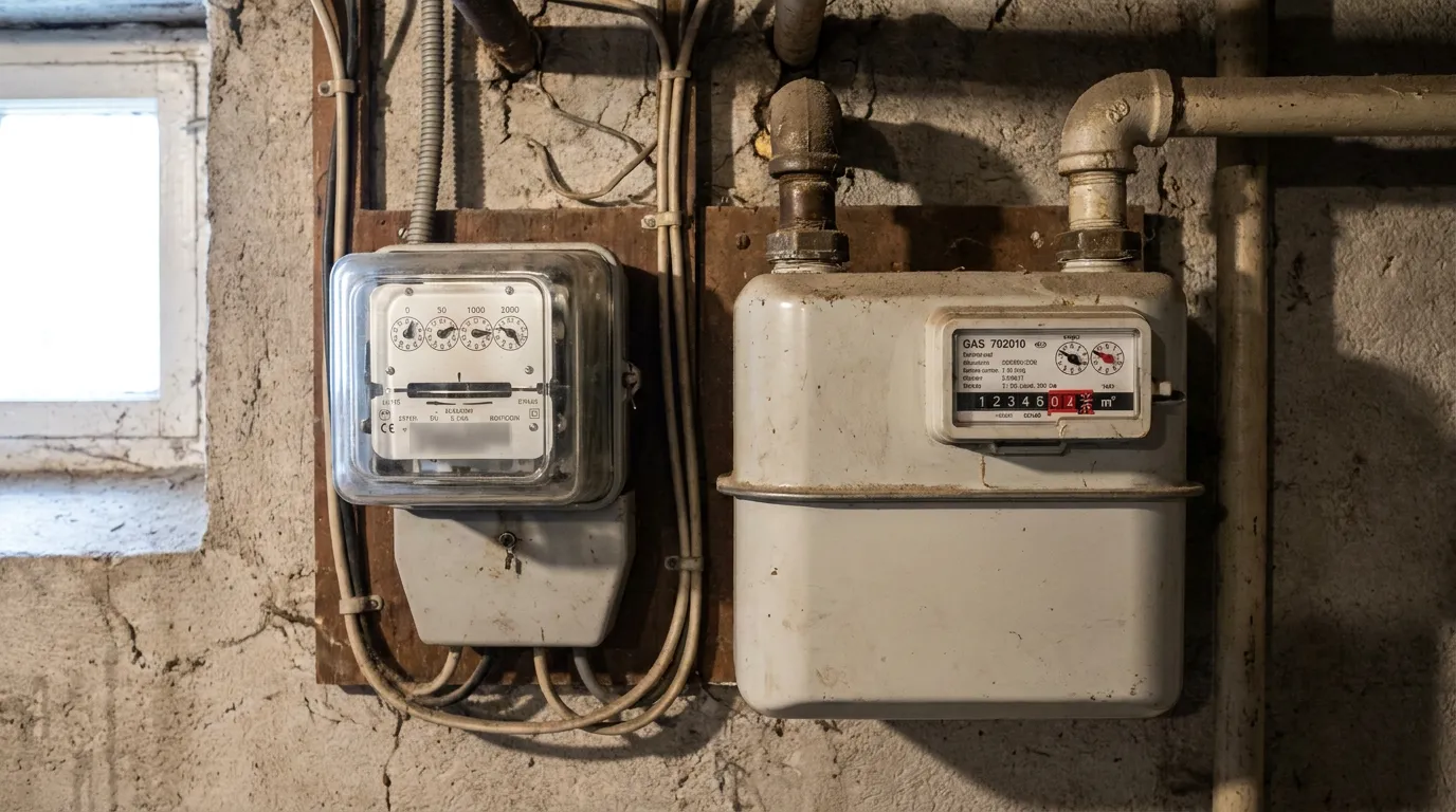 A household electricity meter and gas meter mounted side by side on a basement wall
