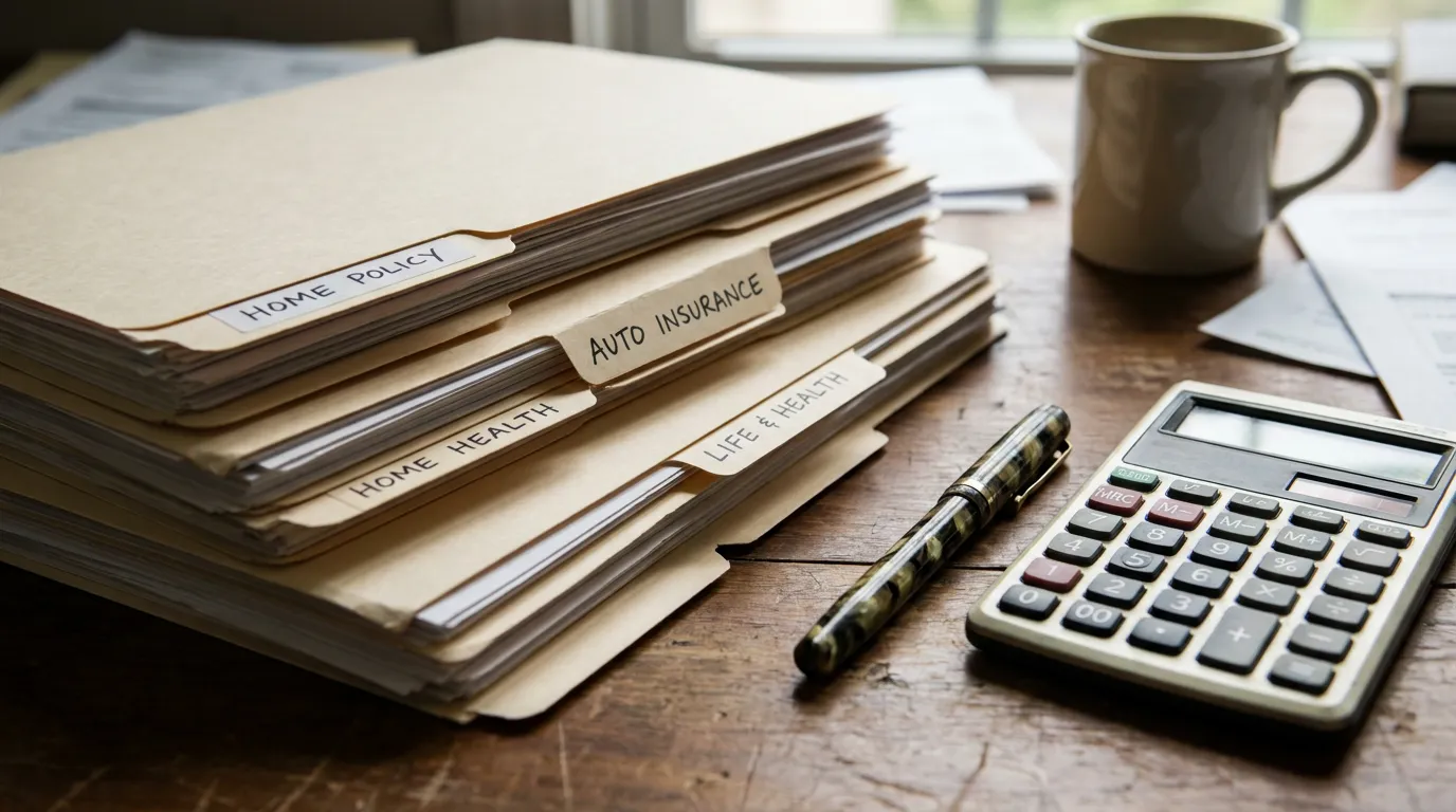 Three insurance policy folders stacked on a desk beside a fountain pen and a calculator