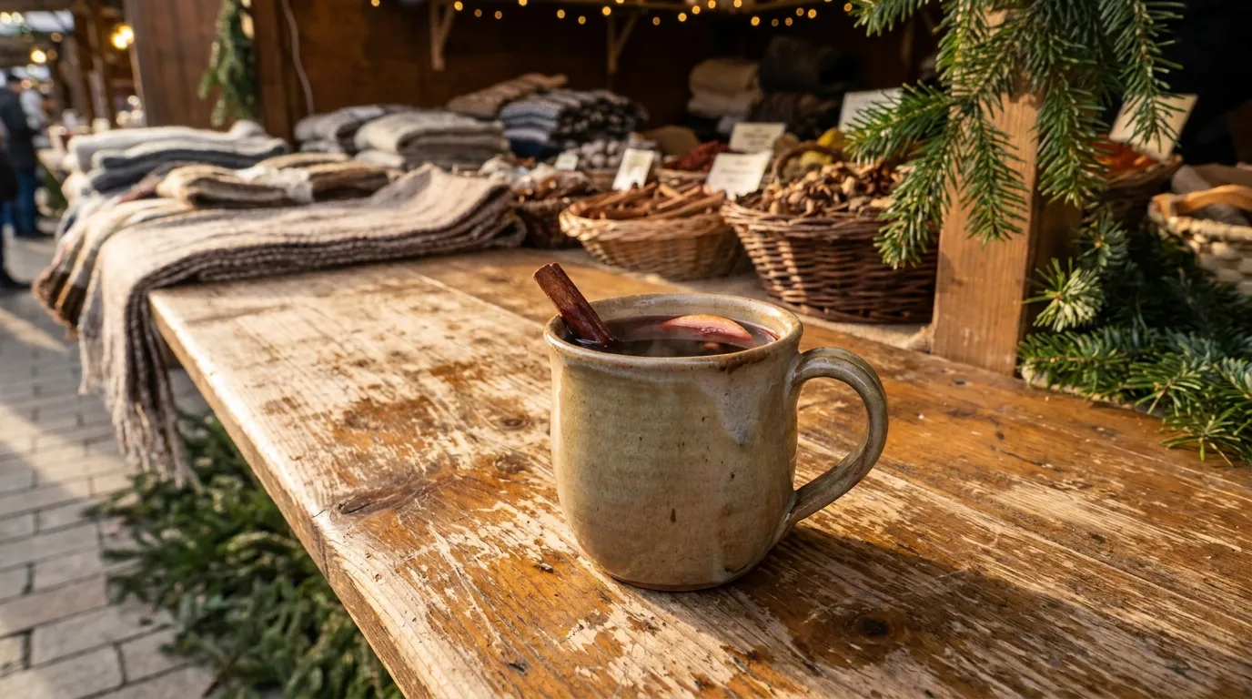 A reusable ceramic mug filled with steaming mulled wine on a rustic wooden market stall counter