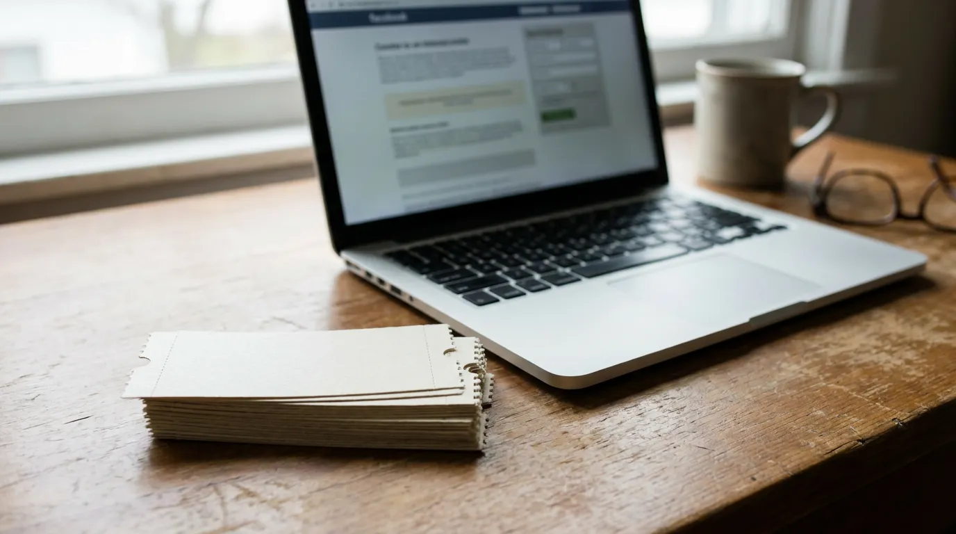 A stack of blank paper event tickets beside a laptop showing a blurred event registration webpage