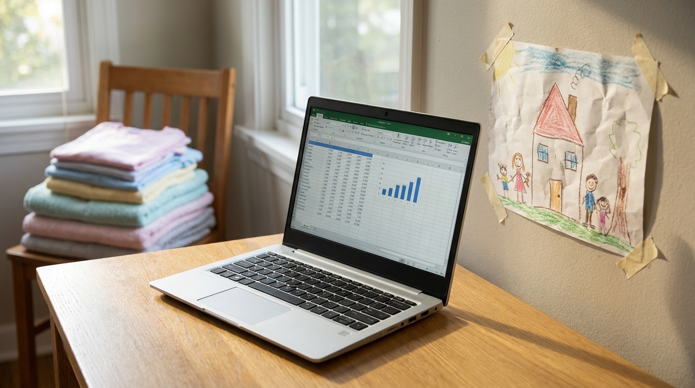 A kitchen counter with a laptop showing a video call, a child's drawing taped nearby, and a small pile of folded laundry on a chair