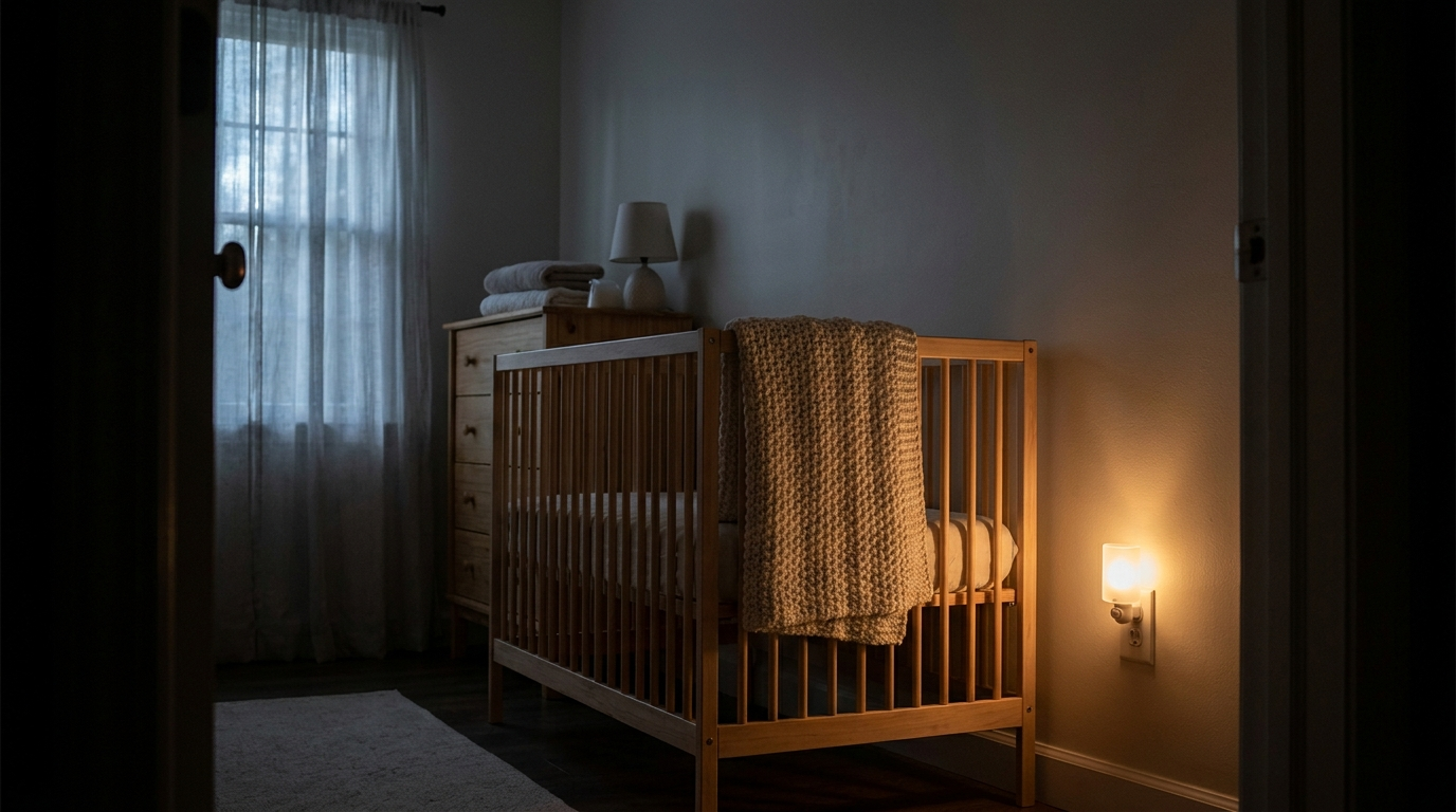 A dim, warmly lit nursery at night seen from a doorway, an empty wooden crib with a soft blanket draped over the rail, a small nightlight glowing on a nearby dresser, moonlight through sheer curtains